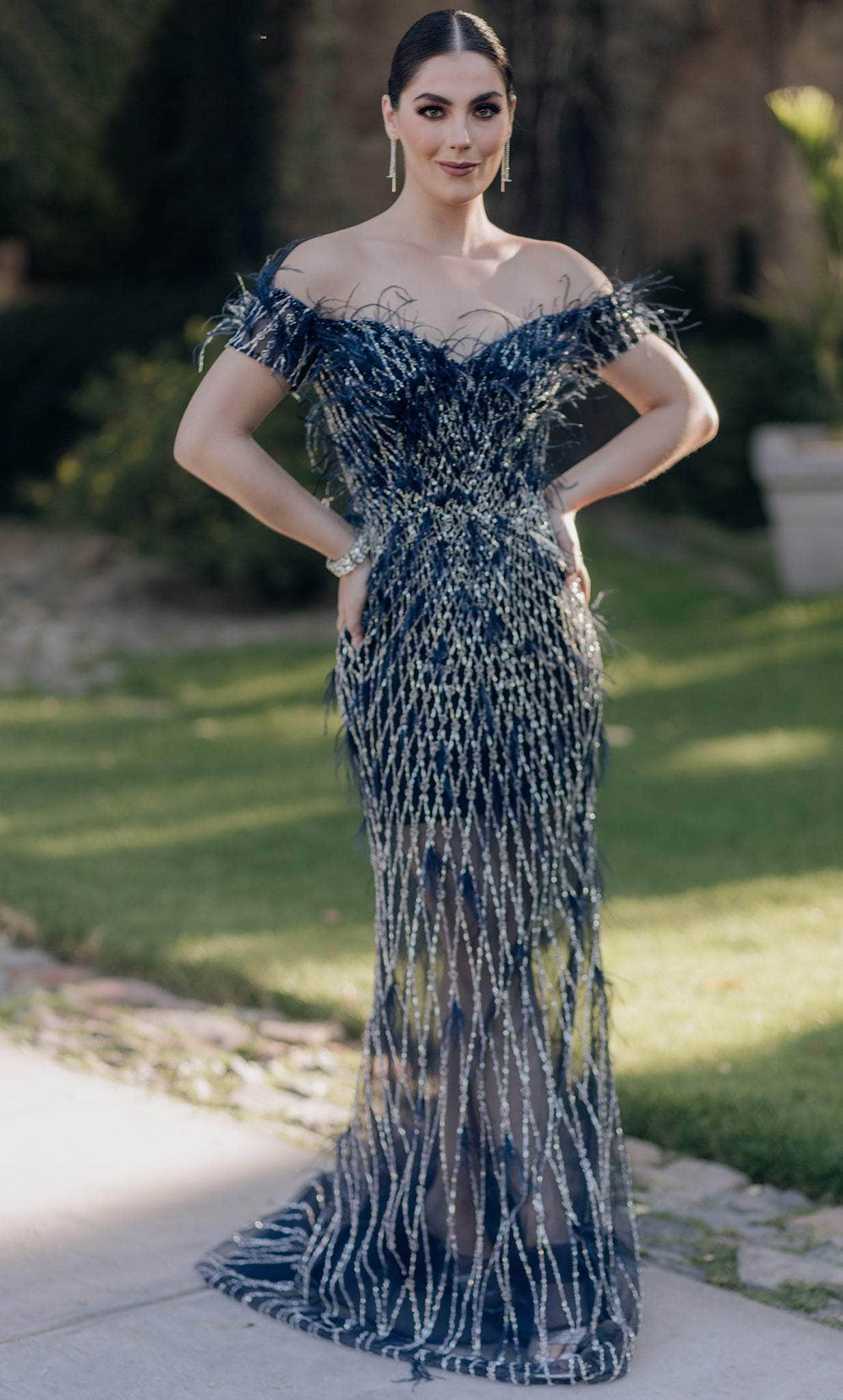 Terani Couture 232GL1439 - Off-Shoulder Feathered Sheer Prom Dress - designer prom dress at Silhouette Dresses