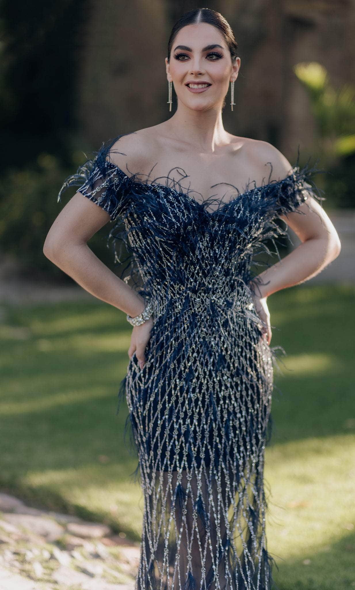 Terani Couture 232GL1439 - Off-Shoulder Feathered Sheer Prom Dress - back view