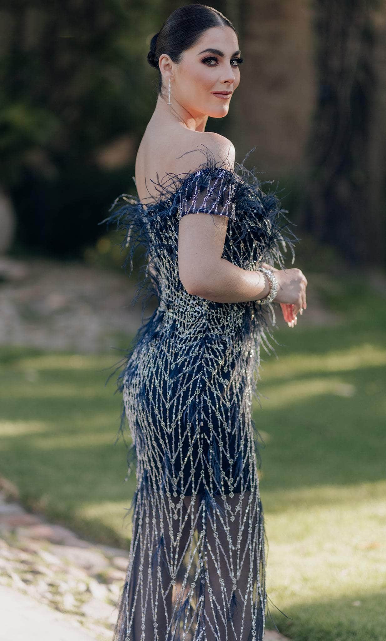 Terani Couture 232GL1439 - Off-Shoulder Feathered Sheer Prom Dress - detail view