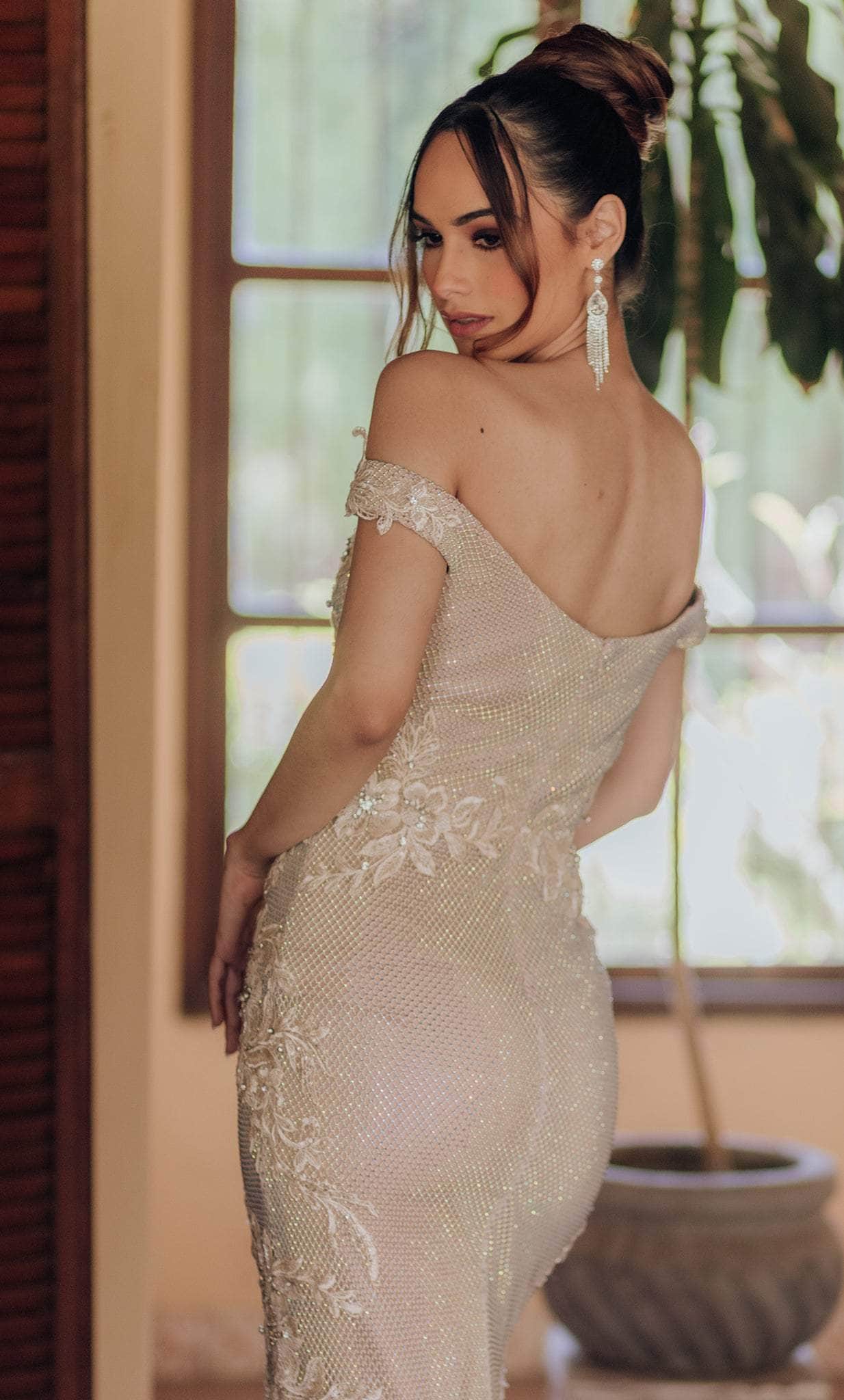 Terani Couture 232GL1471 - Off-Shoulder Net Applique Prom Dress - back view