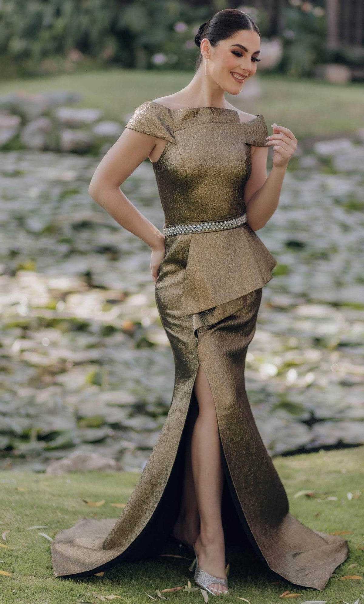 Terani Couture 232M1555 - Off-Shoulder Rhinestone Beaded Belt Evening Dress - designer evening gown at Silhouette Dresses