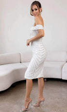 Terani Couture 241C2309 - Bead Embellished Off-Shoulder Knee-Length Dress - back view