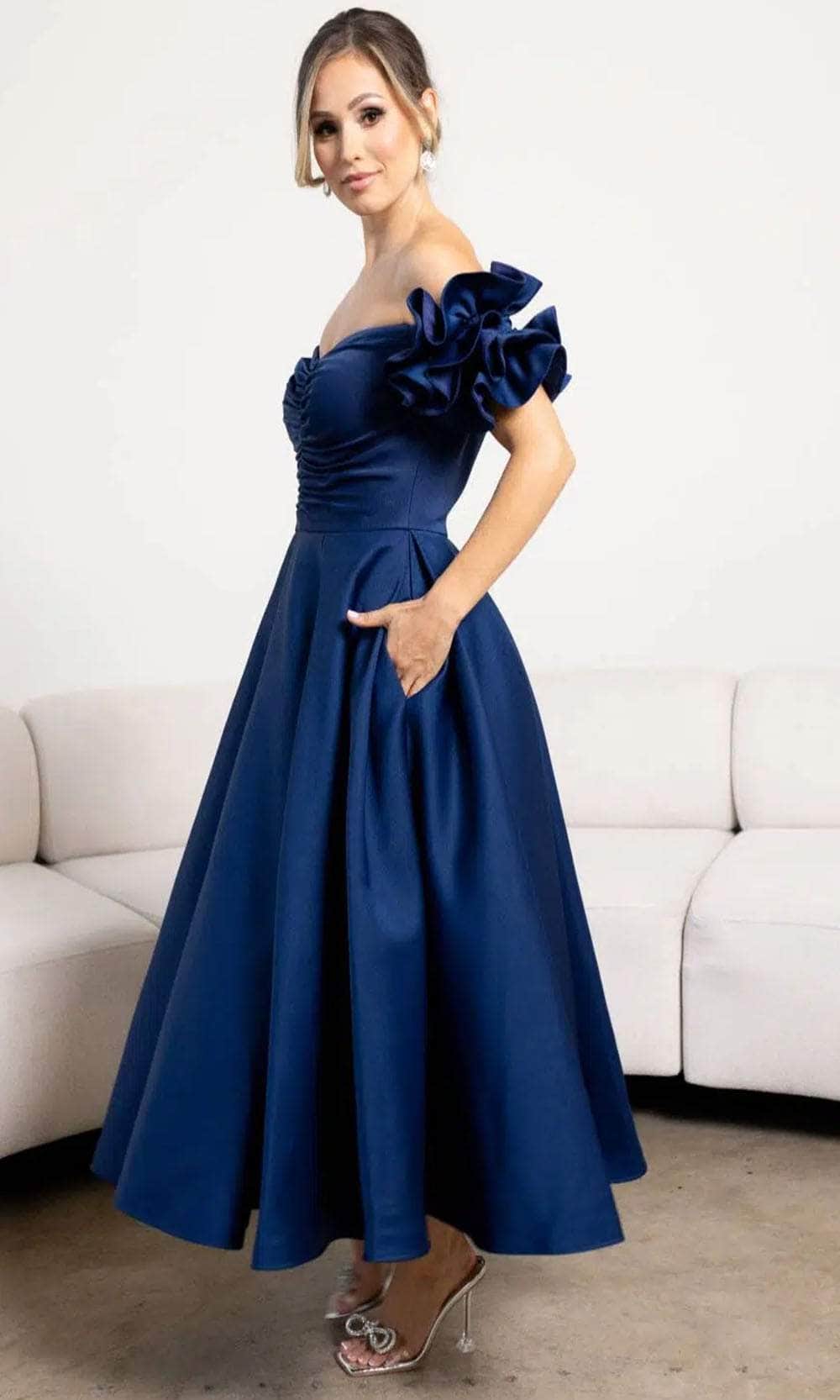 Terani Couture 241C2334 - Off-Shoulder Ruffled Detail Tea-Length Dress