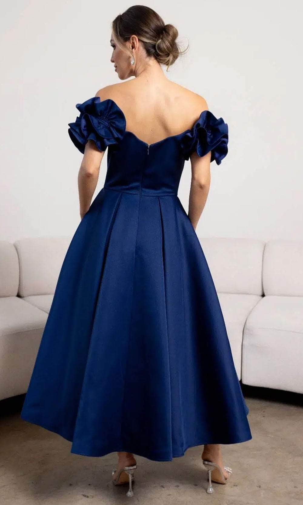 Terani Couture 241C2334 - Off-Shoulder Ruffled Detail Tea-Length Dress
