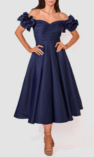 Terani Couture 241C2334 - Off-Shoulder Ruffled Detail Tea-Length Dress