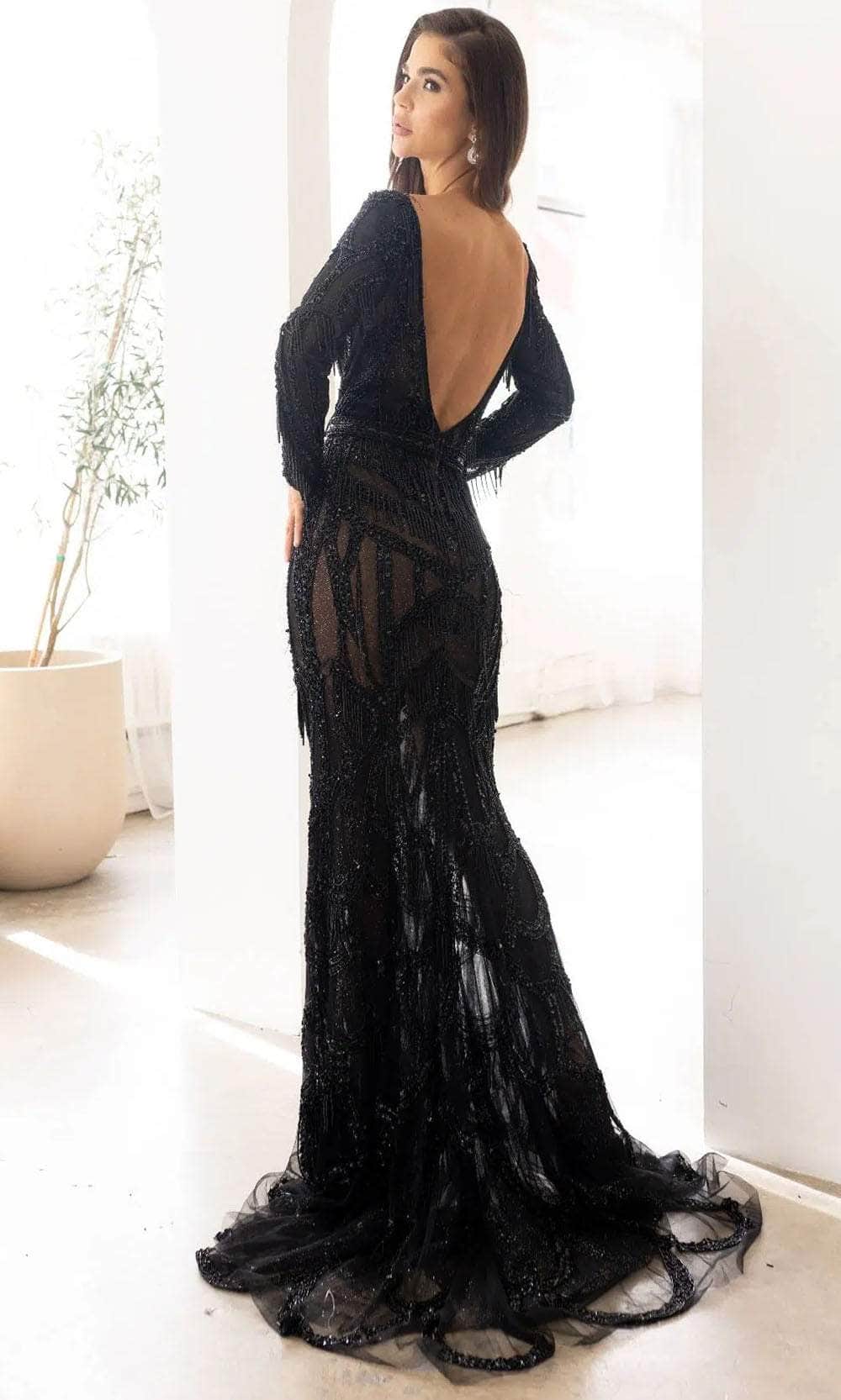 Terani Couture 241GL2610 - Long Sleeves Beaded Fringe Evening Dress - back view