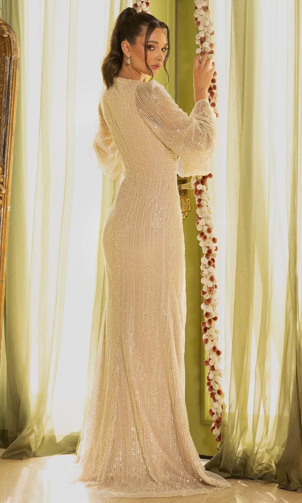 Terani Couture 242M3360 - Sequined Long Bell Sleeve Evening Gown - detail view