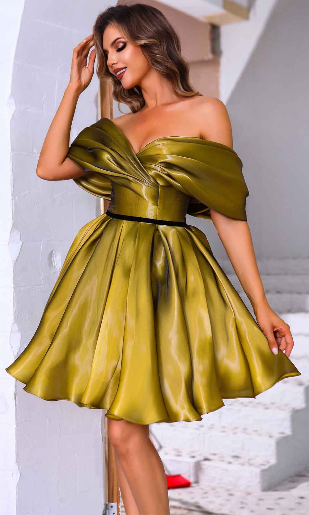 Terani Couture 251C4045 - Off Shoulder Box Pleated Cocktail Dress - back view