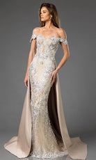 Terani Couture 251E3233 - Embroidered Pleated Overskirt Evening Dress - designer mother of the bride dress at Silhouette Dres