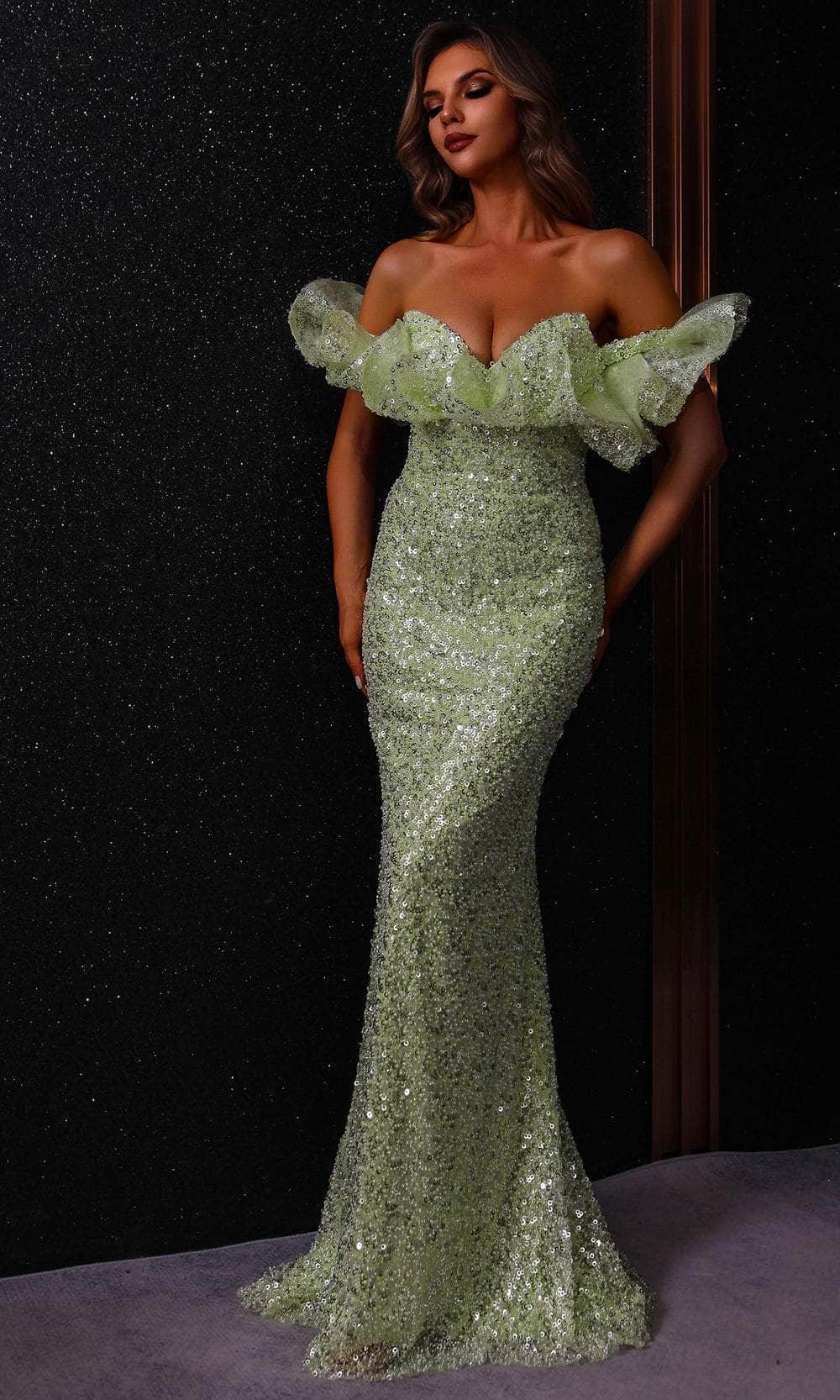 Terani Couture 251E4330 - Allover Sequin Ruffled Neckline Evening Gown - designer evening gown at Silhouette Dresses