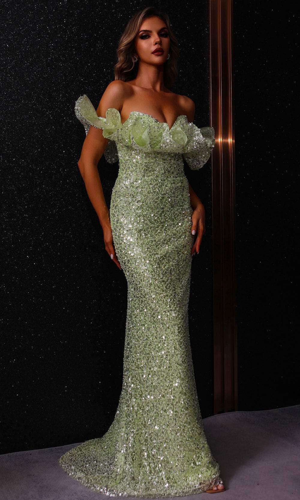 Terani Couture 251E4330 - Allover Sequin Ruffled Neckline Evening Gown - detail view