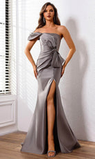 Terani Couture 251E4555 - Bow Detailed Asymmetric Satin Evening Dress