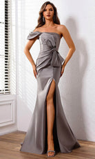 Terani Couture 251E4555 - Bow Accent Asymmetric Satin Gown - designer evening gown at Silhouette Dresses