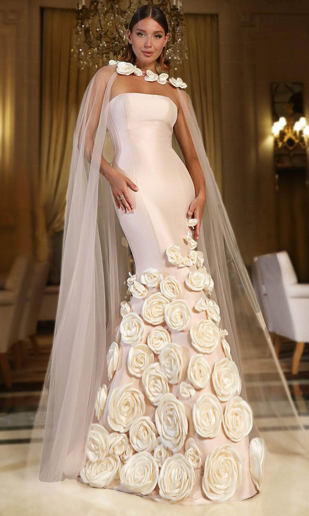 Terani Couture 251GL4184 - Floral Appliqued Straight Neck Evening Gown - back view