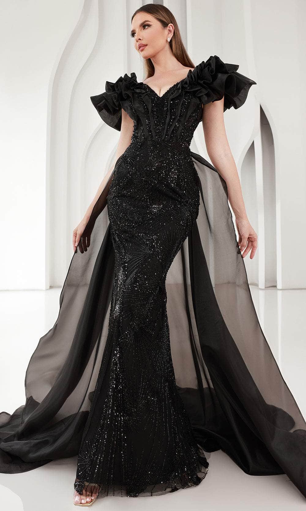 Terani Couture 251GL4357 - Puff Sleeve Tulle Overskirt Evening Dress - designer mother of the bride dress at Silhouette Dress