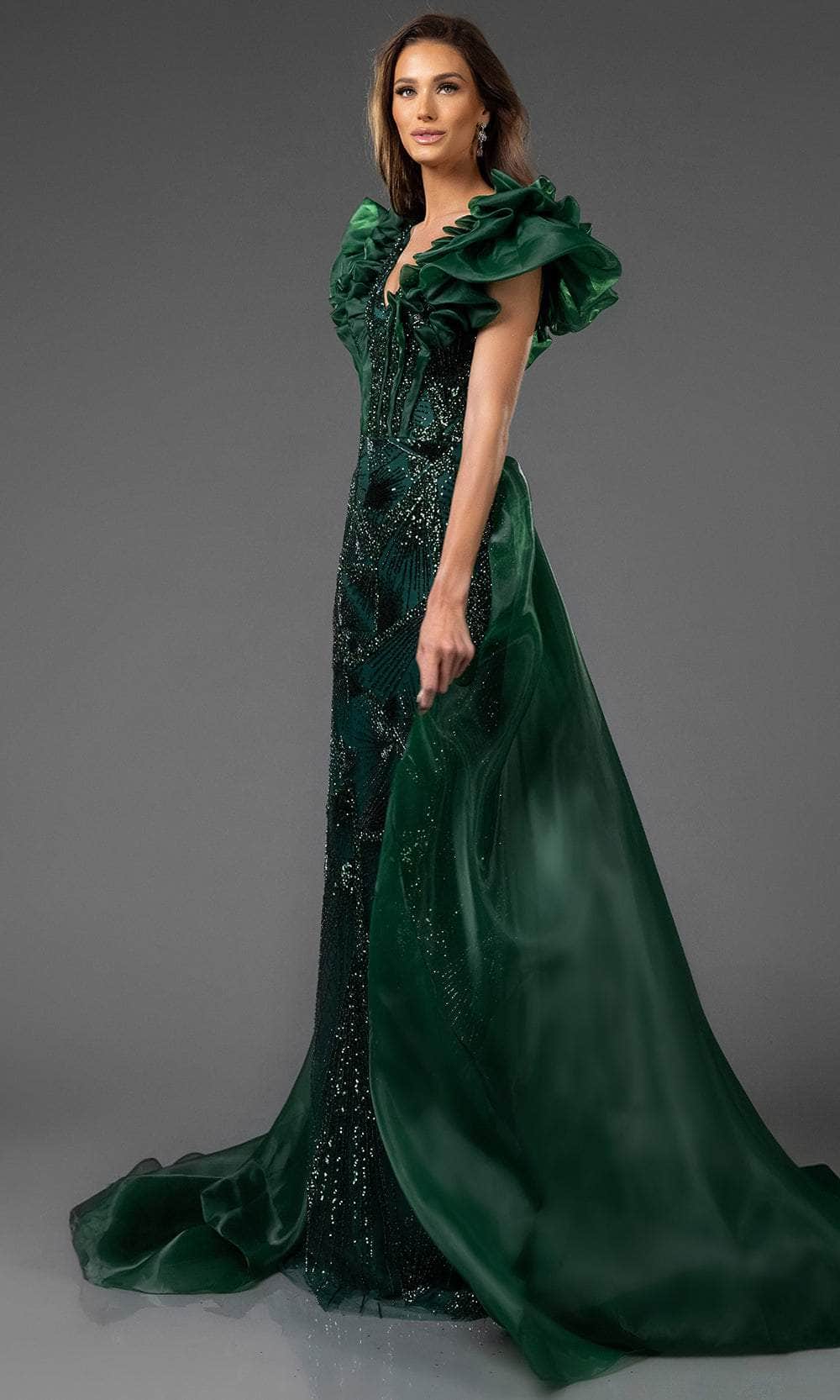 Terani Couture 251GL4357 - Puff Sleeve Tulle Overskirt Evening Dress - back view