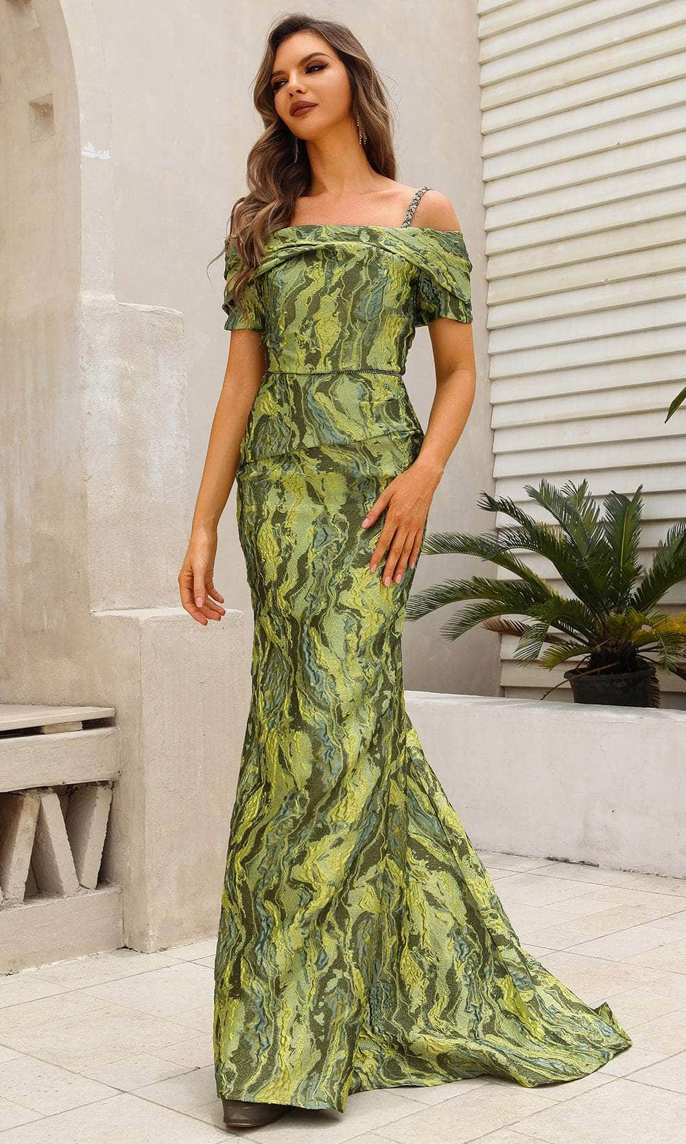Terani Couture 251M4434 - Off Shoulder Lava Jacquard Evening Dress - back view