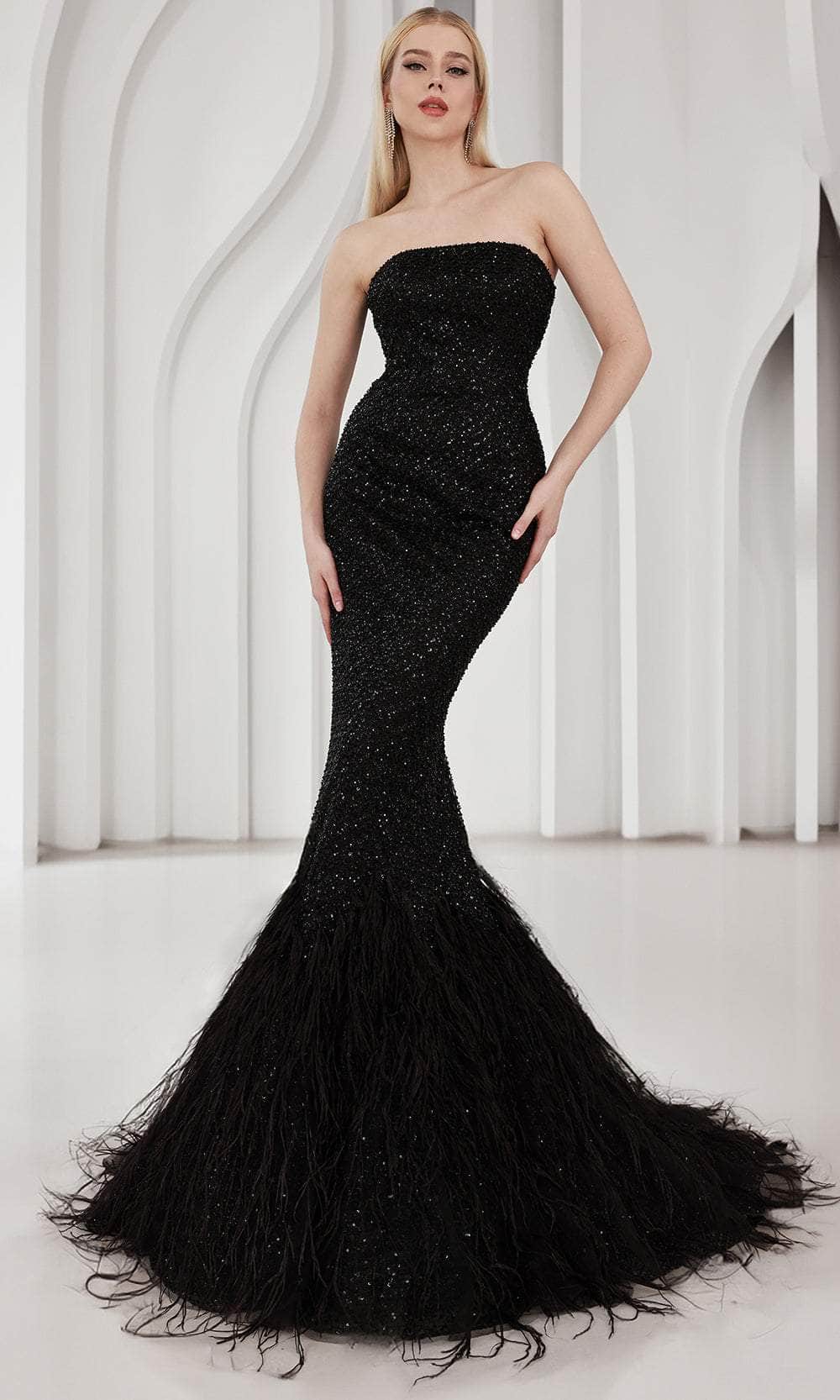 Terani Couture 251P4303 - Feathered Hem Strapless Prom Dress - designer prom dress at Silhouette Dresses