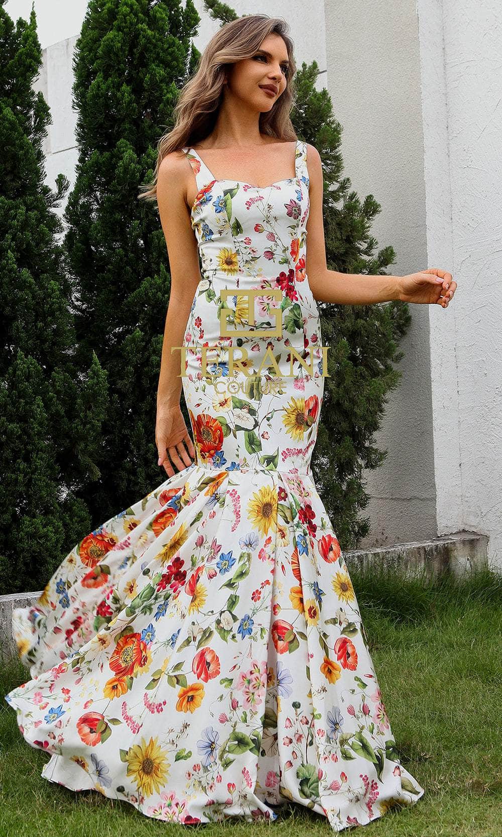 Terani Couture 251P4378 - Printed Satin Trumpet Prom Gown - back view