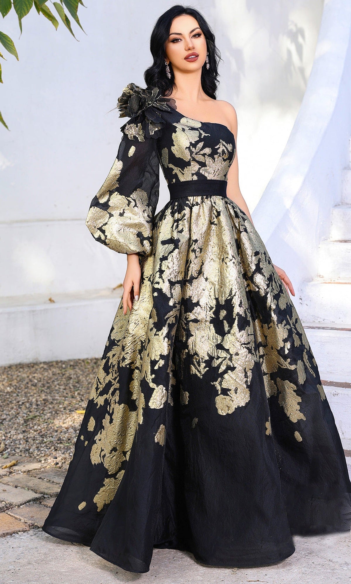 Terani Couture 252E5140 - One Shoulder Metallic Floral Ballgown