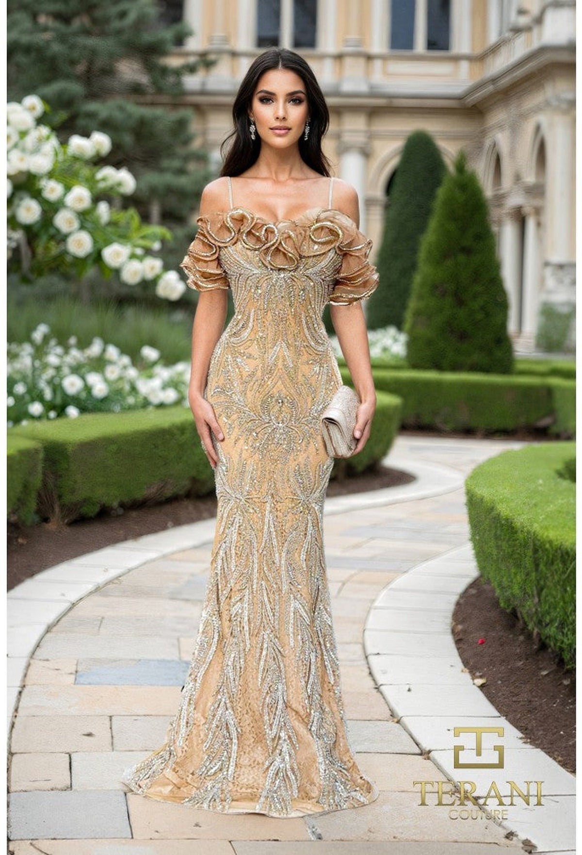 Terani Couture 252GL5226 - Off Shoulder Ruffles Embellished Sheath Gown