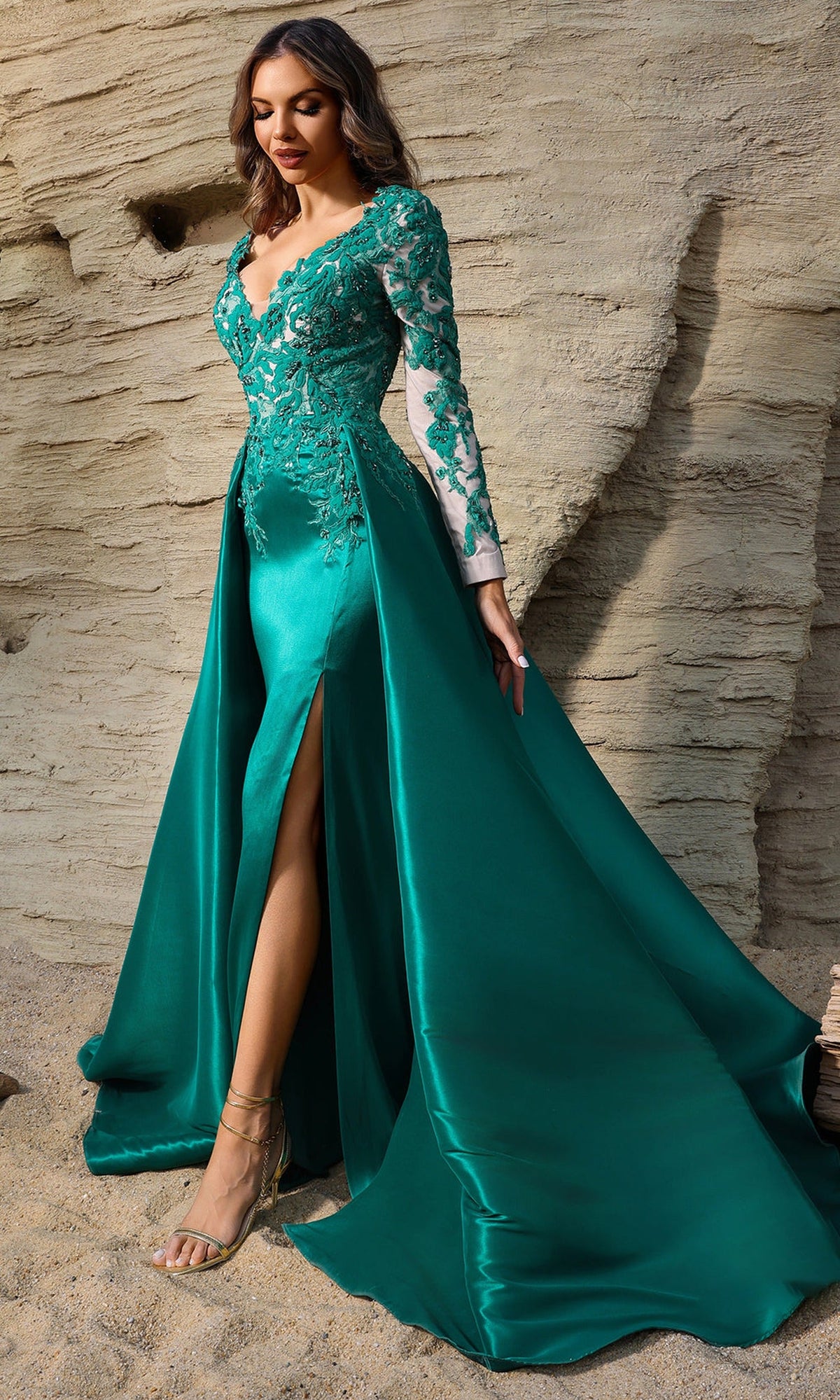 Terani Couture 252M5311 - V-Neck Appliqued Gown with Overskirt