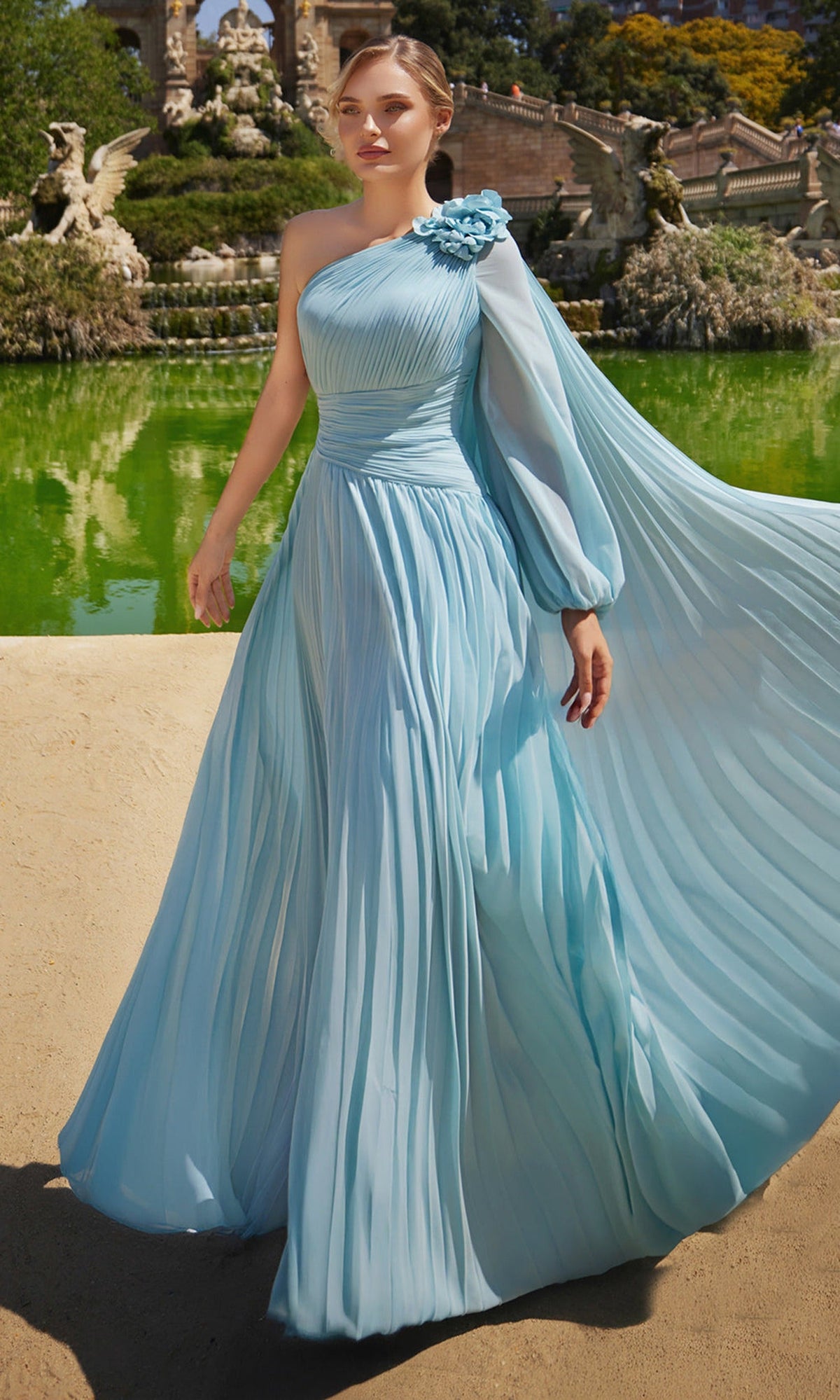 Terani Couture 261E6206 - One Shoulder Pleated Chiffon Cape Dress