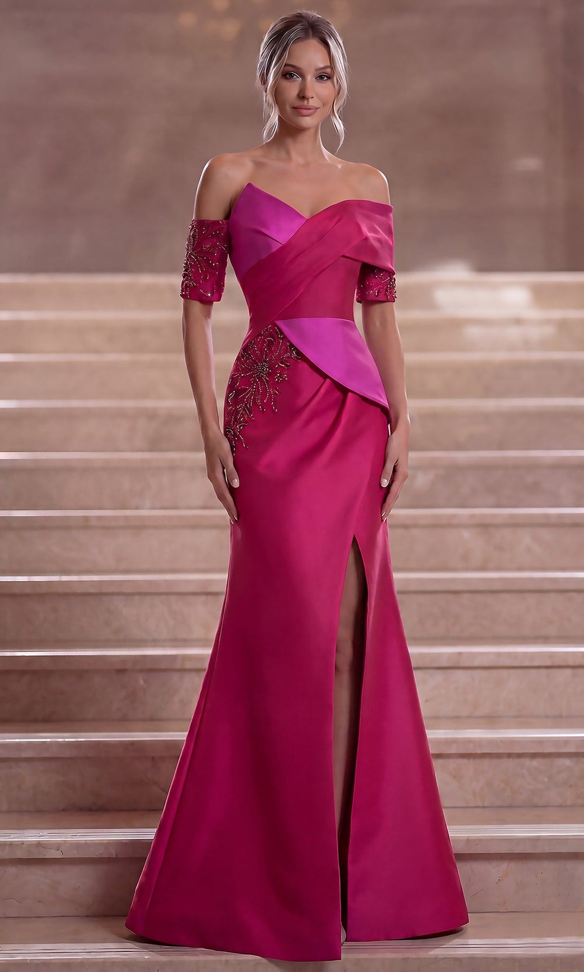 Terani Couture 261E6210 - Short Sleeve Beaded Applique Evening Gown