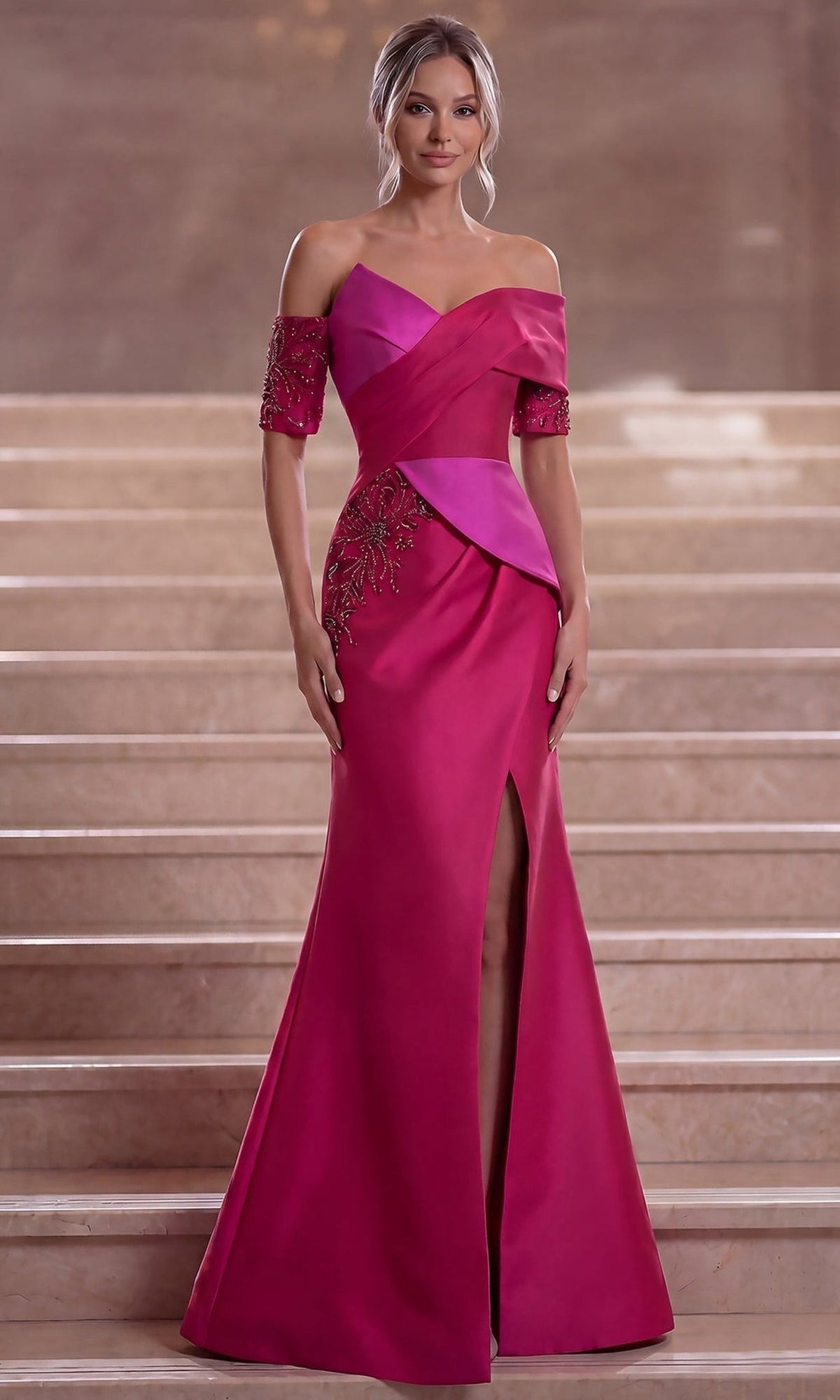 Terani Couture 261E6210 - Short Sleeve Beaded Applique Evening Gown - Silhouette Dresses