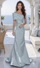 Terani Couture 261E6227 - Asymmetric Neck Shimmer Evening Gown