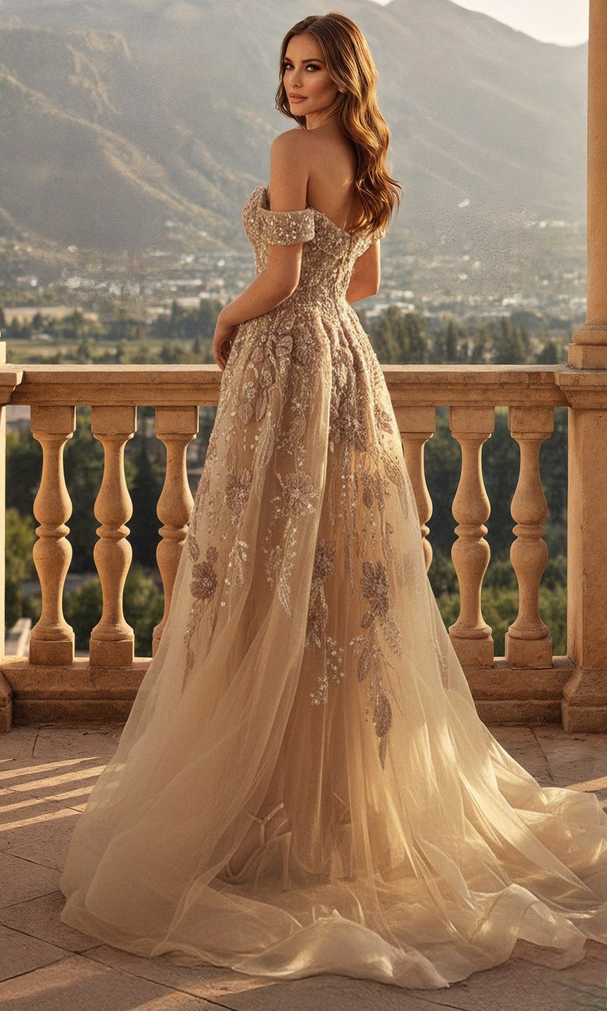 Terani Couture 261M6435 - Beaded Floral Off Shoulder Tulle Gown