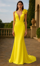 Terani Couture 261P6061 - Plunging V-Neck Floral Stretch Twill Gown