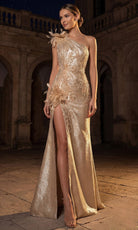 Terani Couture 262E7062 - Dazzling Beaded One Shoulder Slit Gown - Silhouette Dresses