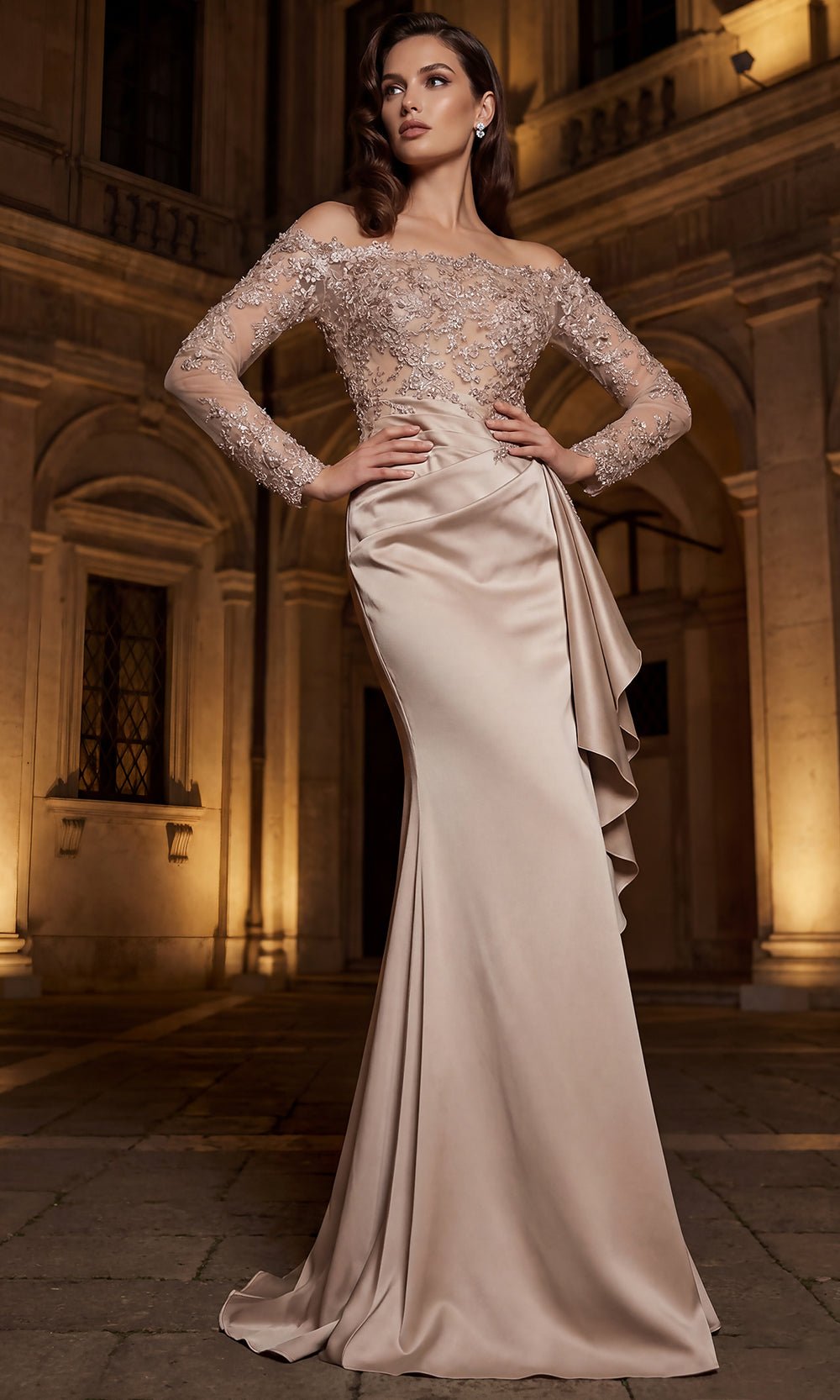 Terani Couture 262E7074 - Long Sleeve Beaded Lace Evening Gown - Silhouette Dresses