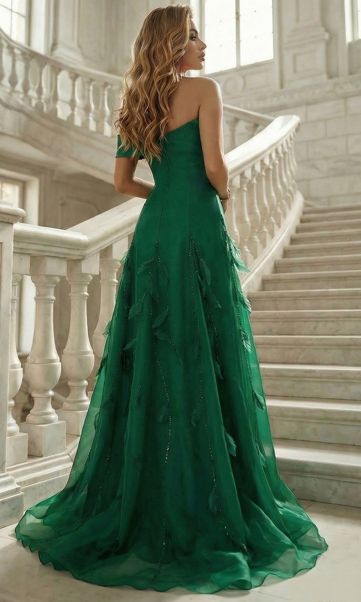 Terani Couture 262E7080 - Feather Applique Off Shoulder Evening Gown