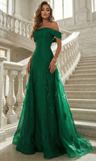 Terani Couture 262E7080 - Feather Applique Off Shoulder Evening Gown - Silhouette Dresses