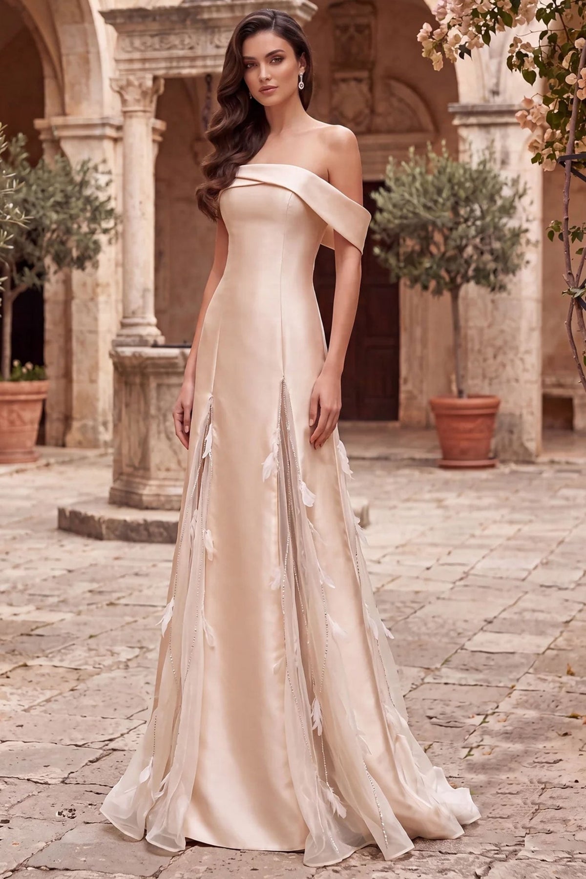 Terani Couture 262E7080 - Feather Applique Off Shoulder Evening Gown - Silhouette Dresses