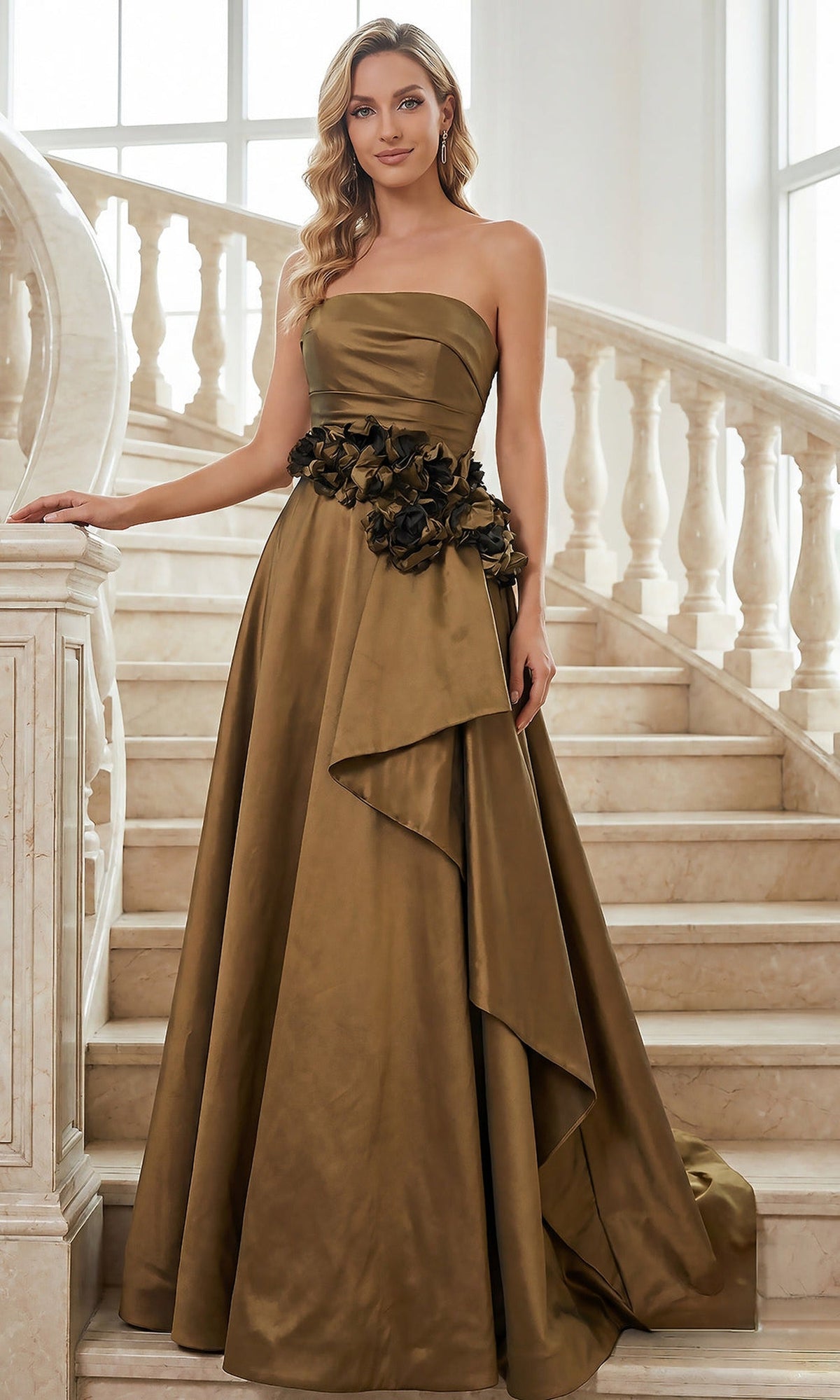 Terani Couture 262E7082 - Strapless Floral Waist Evening Gown