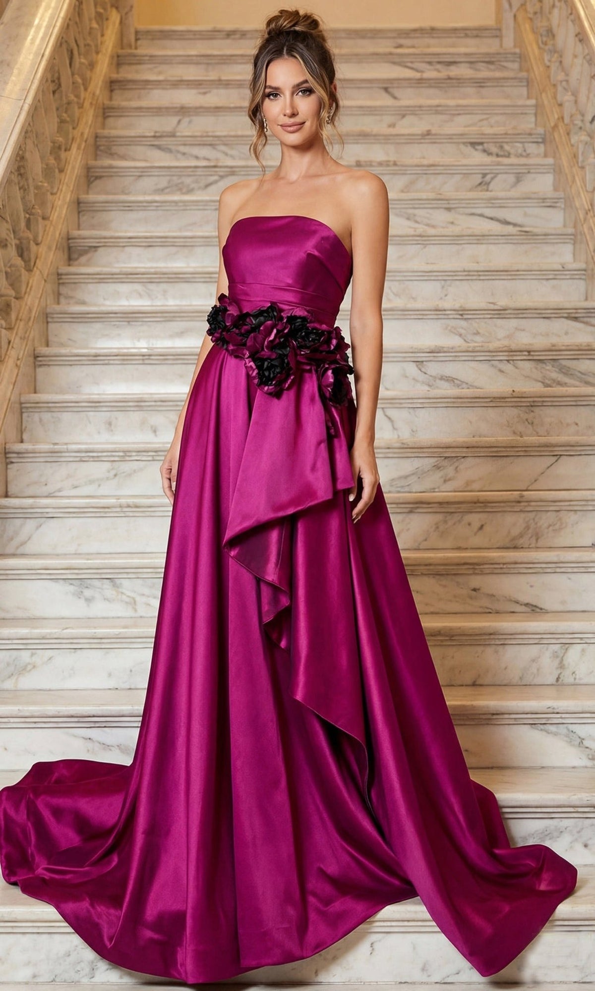 Terani Couture 262E7082 - Strapless Floral Waist Evening Gown - Silhouette Dresses