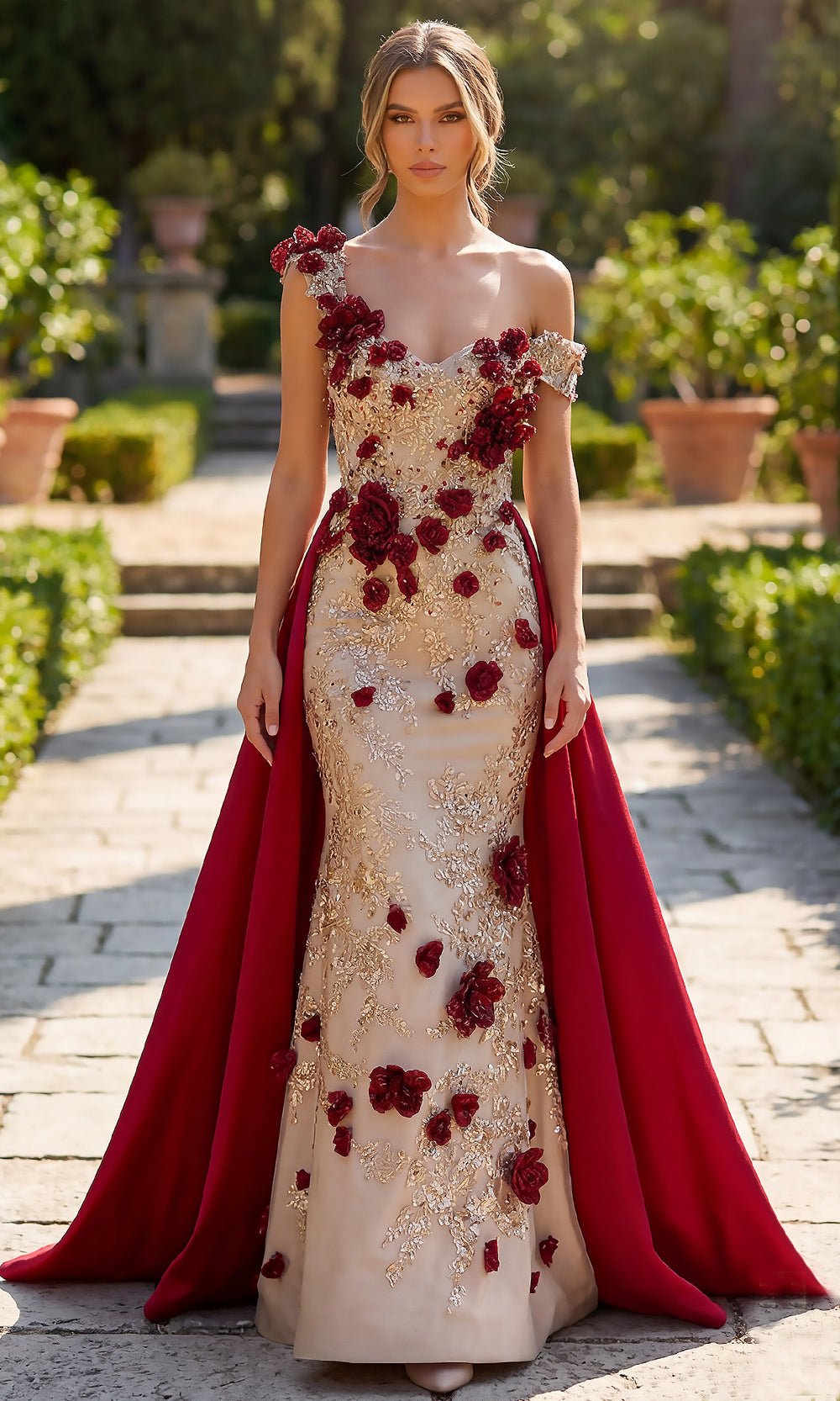 Terani Couture 262E7097 - Asymmetrical Sweetheart Floral Long Gown - Silhouette Dresses