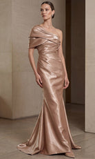 Terani Couture 262E7119 - Draped Bodice Asymmetric Satin Long Gown - Silhouette Dresses
