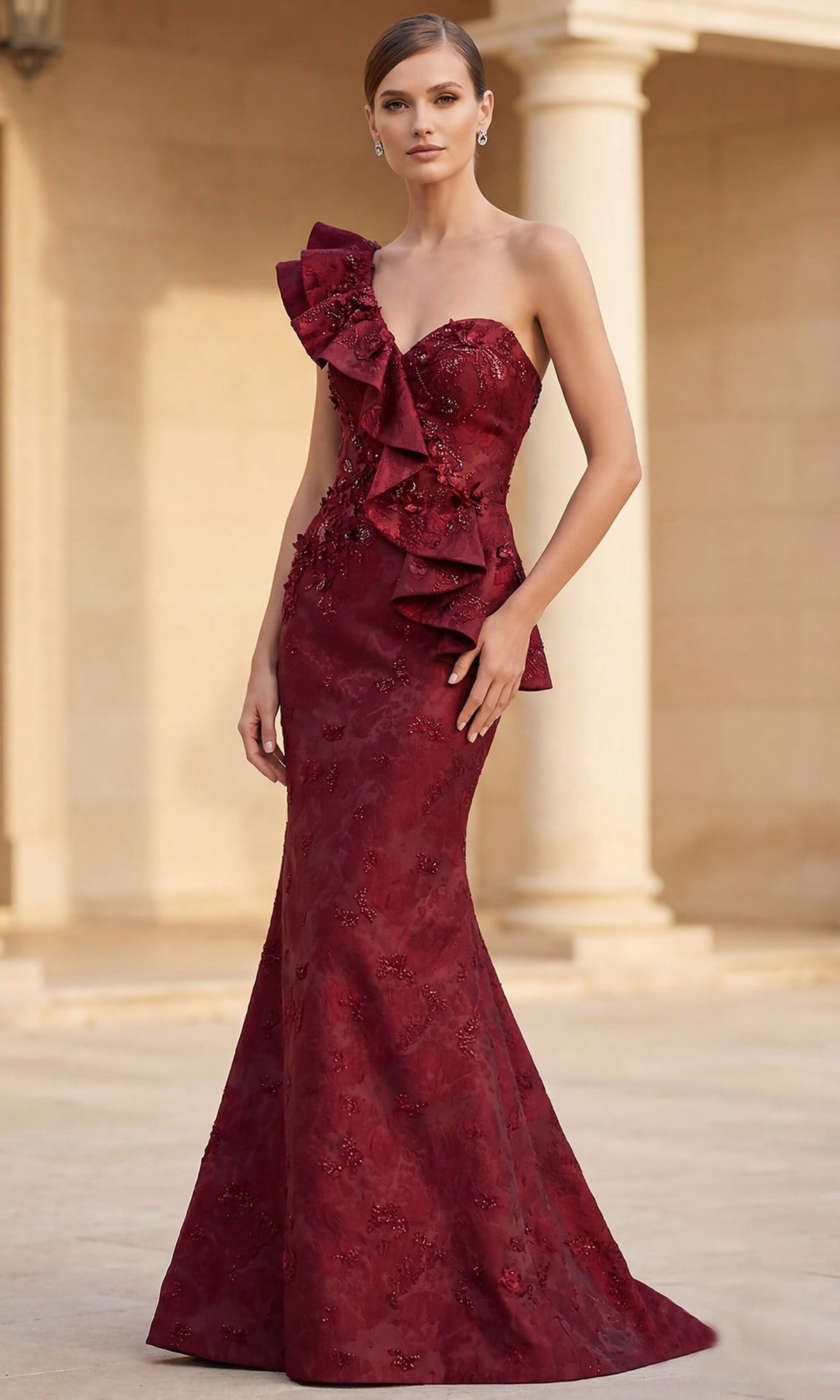 Terani Couture 262E7136 - Ruffled One Shoulder Jacquard Gown