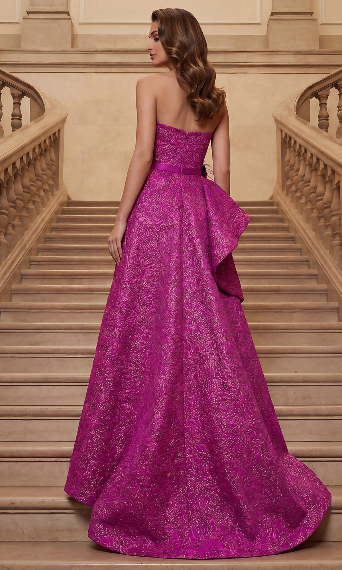 Terani Couture 262E7355 - Metallic Jacquard High Low Strapless Gown
