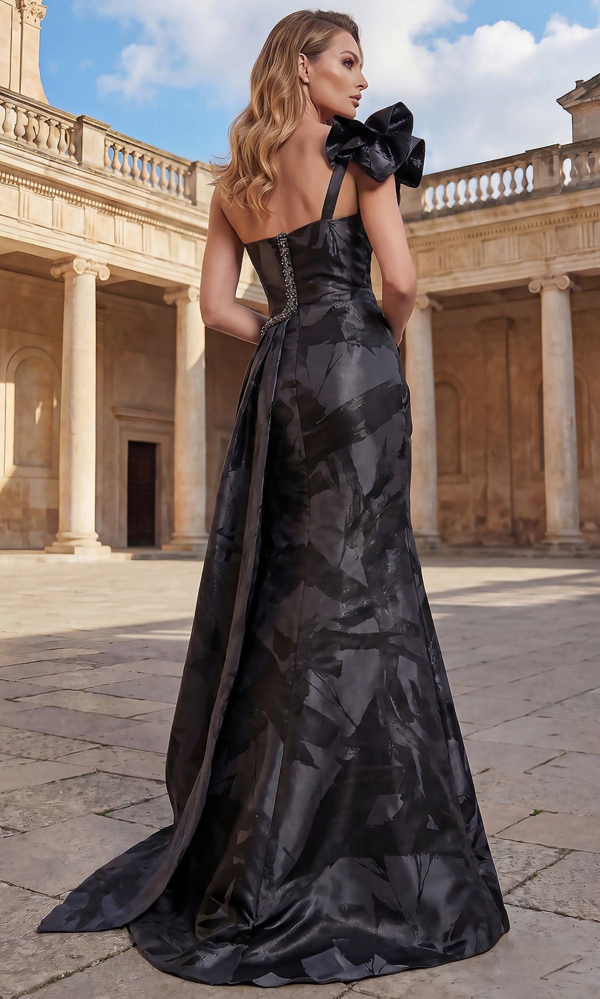 Terani Couture 262E7376 - Jacquard Asymmetrical Trumpet Evening Gown