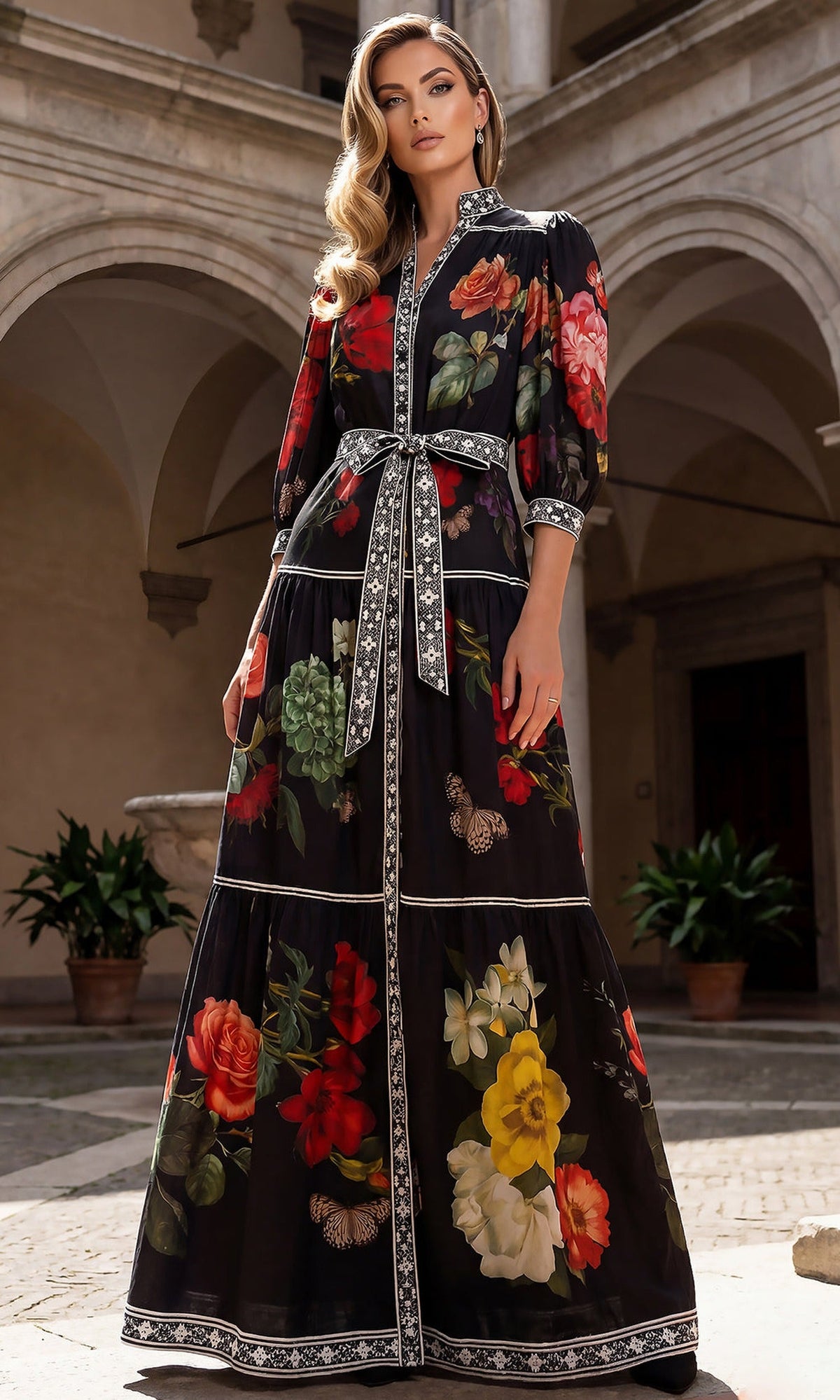 Terani Couture 262E7508 - Floral Mandarin Collar V-Neck Evening Gown