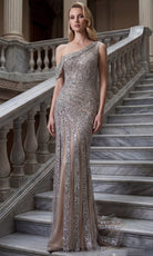 Terani Couture 262GL7514 - Chevron Beaded Asymmetric Evening Gown