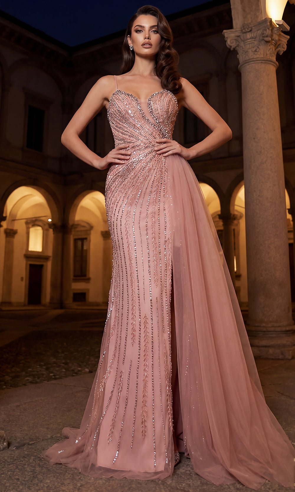 Terani Couture 262GL7515 - Lace-Up Back Linear Beaded Evening Gown - Silhouette Dresses