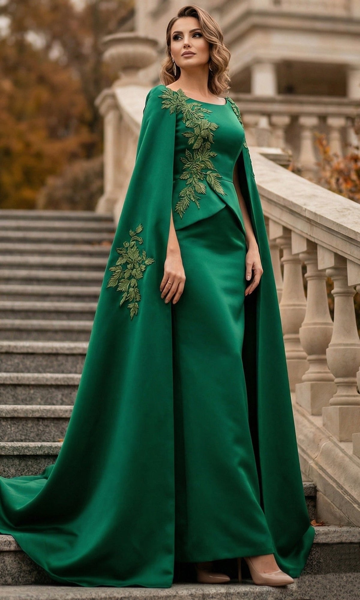 Terani Couture 262M7260 - Cape Sleeve Embroidered Detail Formal Gown - Silhouette Dresses