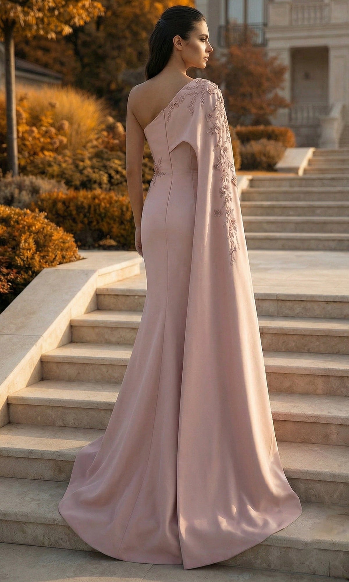 Terani Couture 262M7275 - One Shoulder Cape Beaded Formal Gown