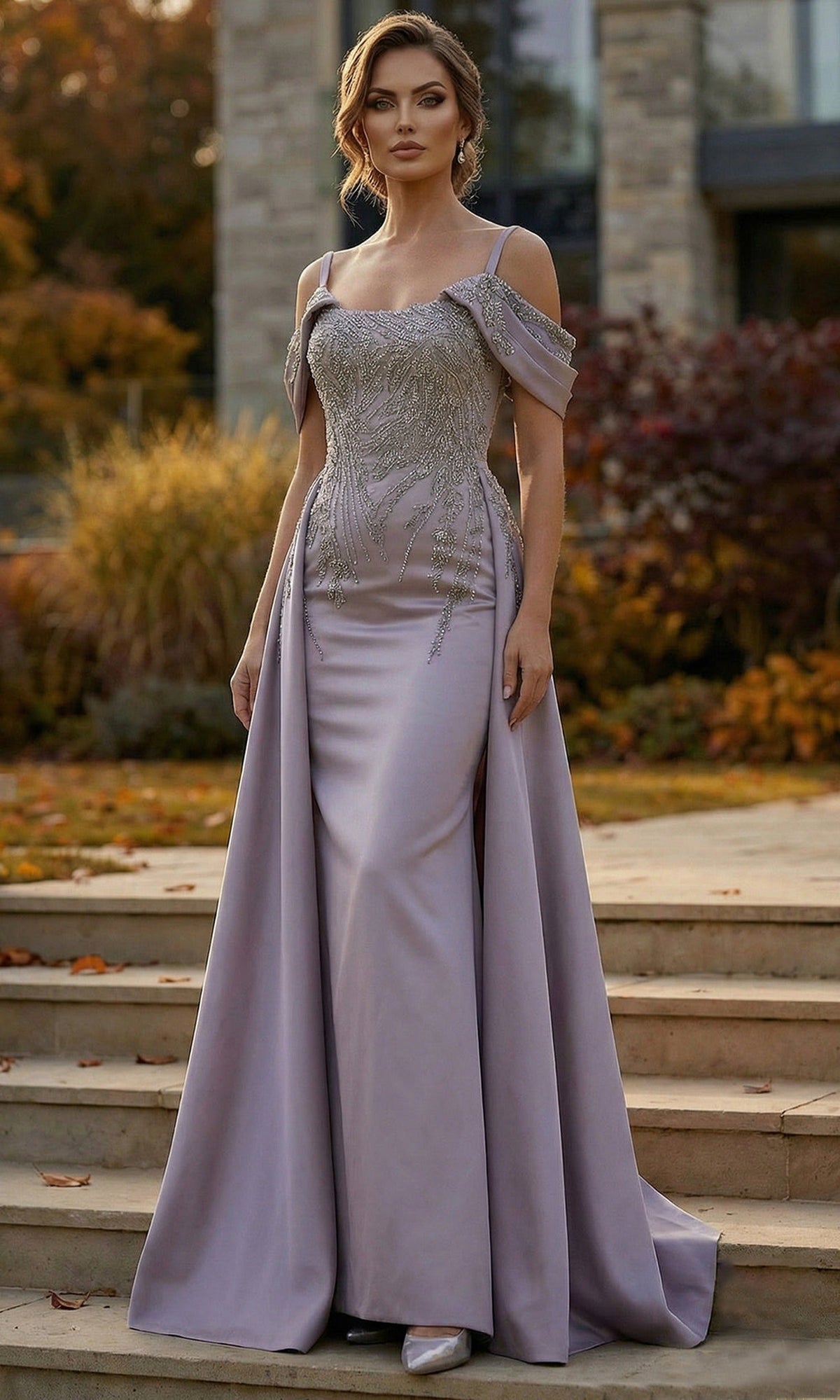 Terani Couture 262M7286 - Beaded Lace Column Overskirt Gown
